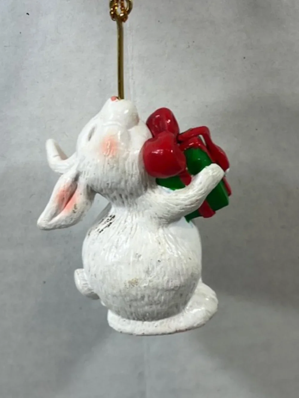 VTG White Christmas Rabbit Tree Ornament Holding Present Holiday Decor1.5
